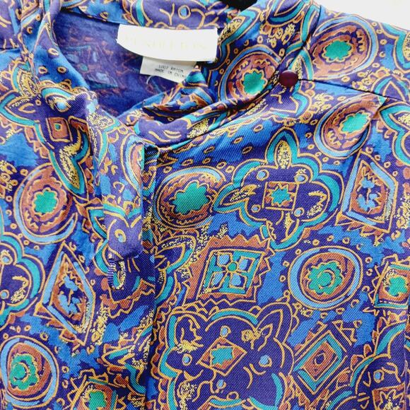 Pendleton Blouse Size 8 Blue Gold Paisley Boho Luxe Art Teacher Witchy Office - Picture 6 of 16